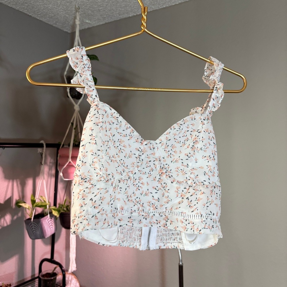 Kendall + Kylie‎ Floral Ruffle Strap Crop Top White Peach Small